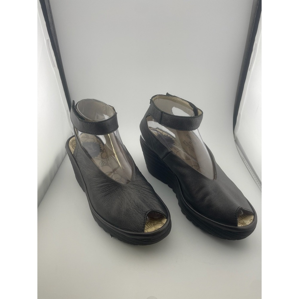 Fly London Yala Metallic Leather Wedge Peep Toe Slingback Sandal‎ 37 6.5-7